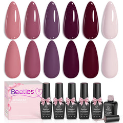Beetles Gel Polish Set Purpura 6 Colores, ideal para uñas otoñales.