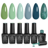 Beetles Esmalte Gel Set - seis colores verde-azul para manicura duradera.