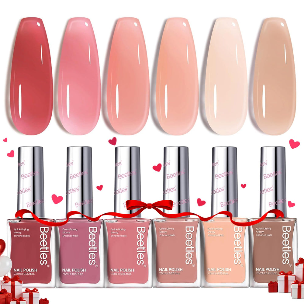 Beetles Jelly Vernis Ongles ensemble montrant six teintes, prêt pour toutes occasions.