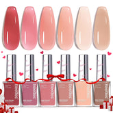 Beetles Jelly Vernis Ongles ensemble montrant six teintes, prêt pour toutes occasions.