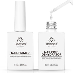 Beetles Nail Dehydrator y Primer, botellas de 15 ml listas para uso profesional.