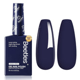 Beetles Navy Blue Gel Polish con botella cercana y color intenso