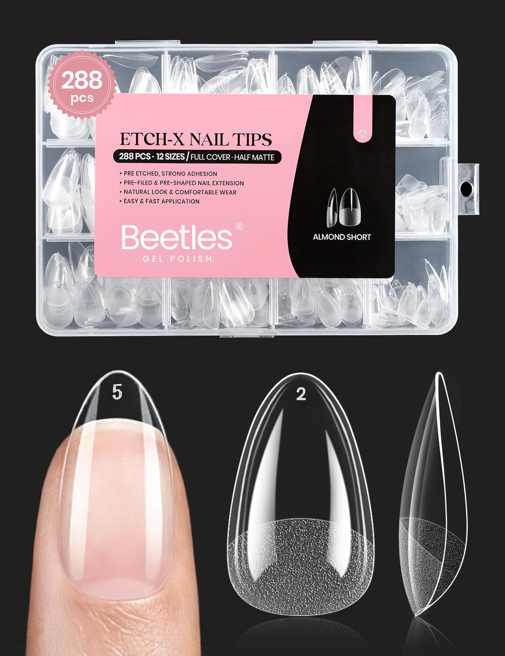 Beetles Soft Gel Nail Tips: almendra corta, 288 piezas, ajuste perfecto para uñas naturales