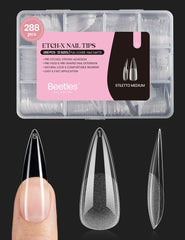Beetles Gel Nail Tips Etch-X, punta stiletto medio, aplicación precisa.