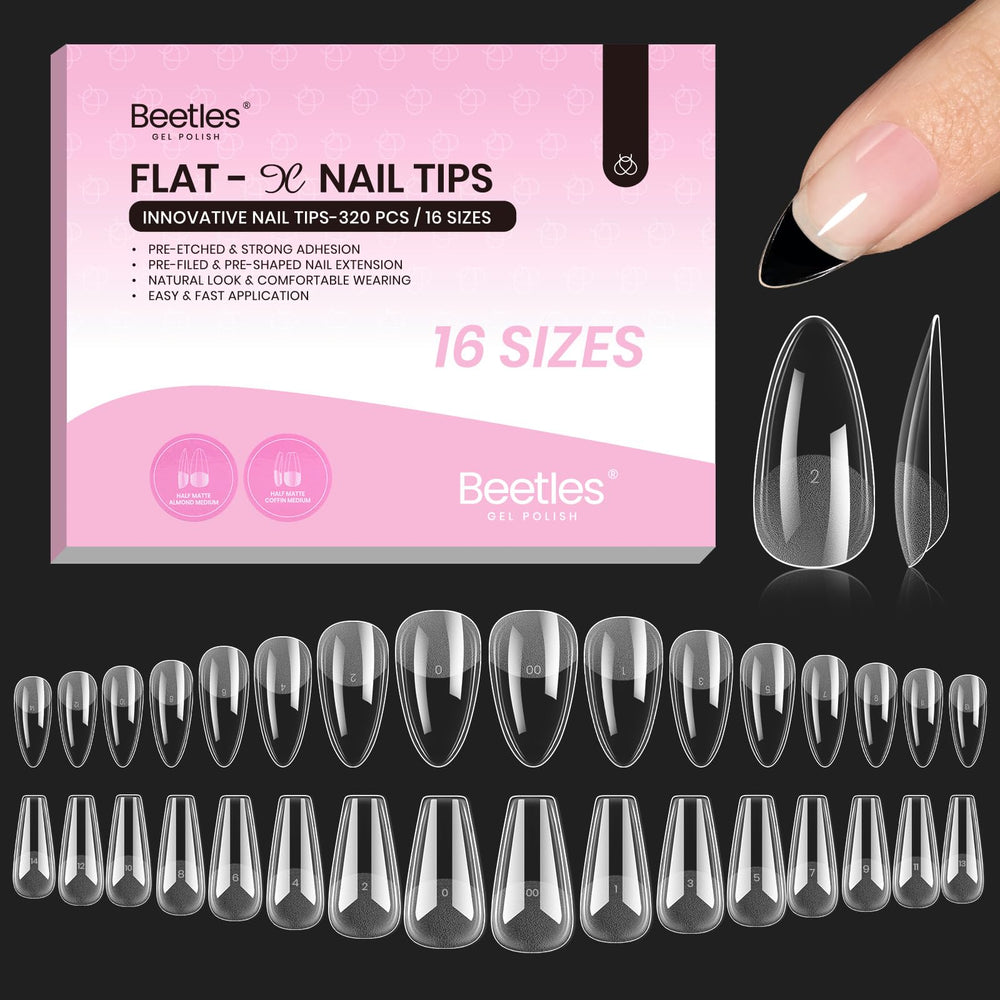 Beetles Gel Tips Flat-X Almendra Coffin para ajuste cómodo y sin lifting.