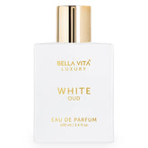 Bella Vita Luxury White Oud, botella de perfume en primer plano, aroma duradero para todo el día.
