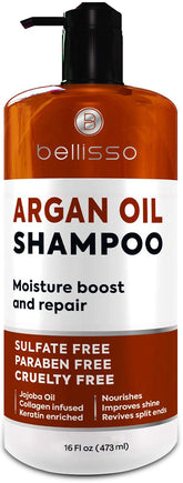 Bellisso Champú de Argán, botella vertiendo, cuidado suave para cabello dañado