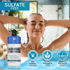 Close-up of Bellisso Biotin Conditioner on hair texture with moisture
