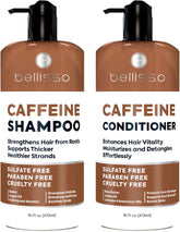Bellisso caffeine shampoo bottle close-up for volumized, fuller-looking hair.