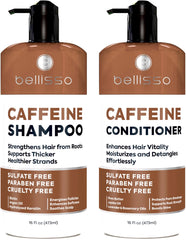 Bellisso caffeine shampoo bottle close-up for volumized, fuller-looking hair.