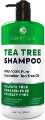 Bellisso champú árbol de té en botella limpia el cuero cabelludo