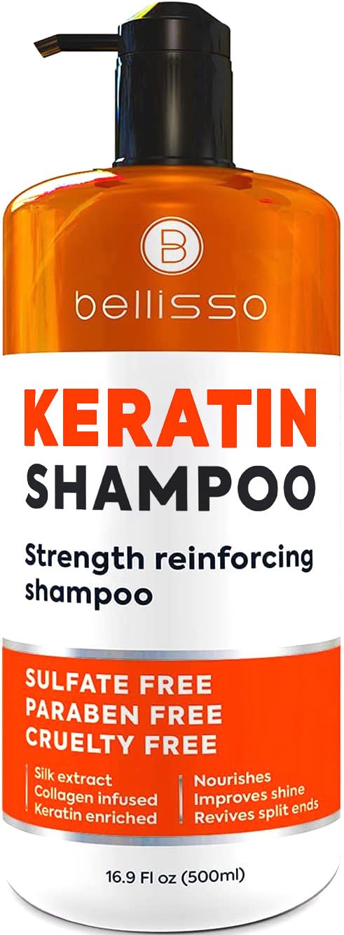 Bellisso champú keratina, botella frontal, fortalece puntas y protege el cabello