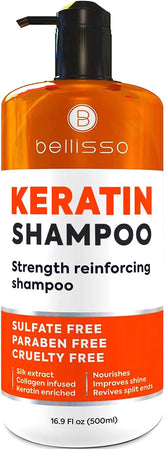Bellisso champú keratina, botella frontal, fortalece puntas y protege el cabello