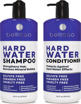 Bellisso hard water shampoo bottle removes mineral buildup while hydrating and refreshing hair.