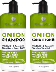 Bellisso Onion Rosemary Shampoo bottle promotes volumizing hair care for fuller-looking strands