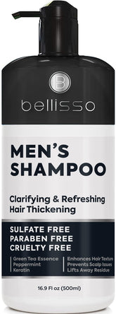 Shampoo Bellisso para hombre con arbol de te y menta ofrece limpieza profunda.