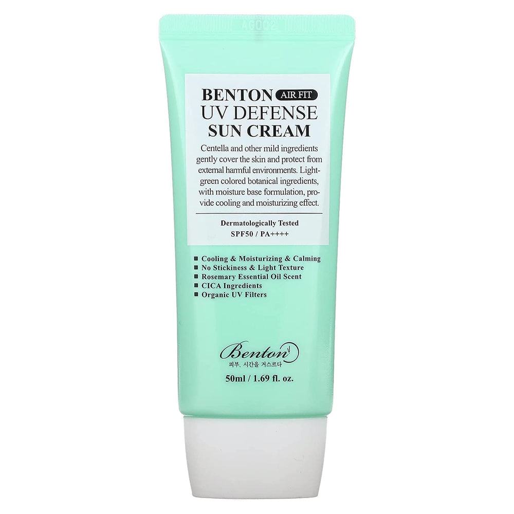 BENTON Air Fit UV Defense Sun Cream, botella elegante y protección solar suave.
