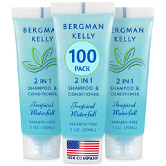 Bergman Kelly 2-en-1 Shampoing après-shampoing Tropical Waterfall, bouteille 1oz, revitalisant pour les voyageurs.