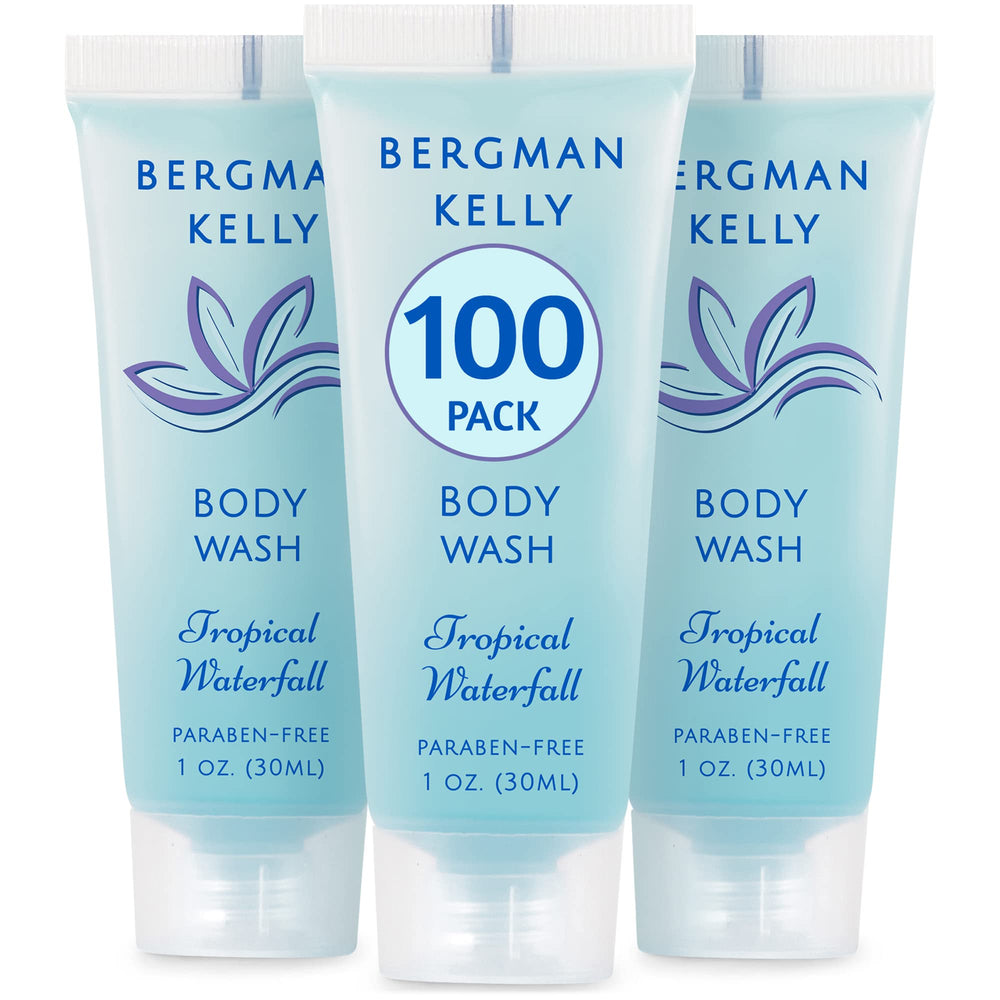 Gel de ducha Bergman Kelly de 1oz con cascada tropical, ideal para viajes.