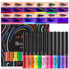 BestLand eyeliner neón mate, 12 colores, brillo UV para looks nocturnos.