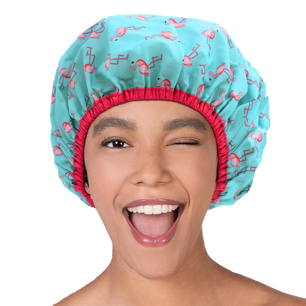 Gorra de ducha Betty Dain Fashionista Flamingo talla extragrande, ideal para cabello abundante.