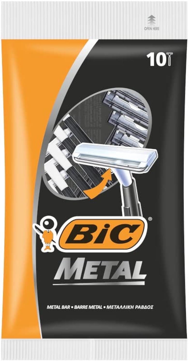 Rasuradora Bic Metal, mango largo, ideal para un agarre cómodo durante el afeitado.