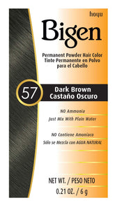 Bigen #57 marrón oscuro polvo: empaque de seis para cobertura uniforme.