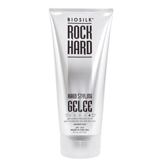 BioSilk Rock Hard Gel aplicado en cabello mojado para peinado duradero.