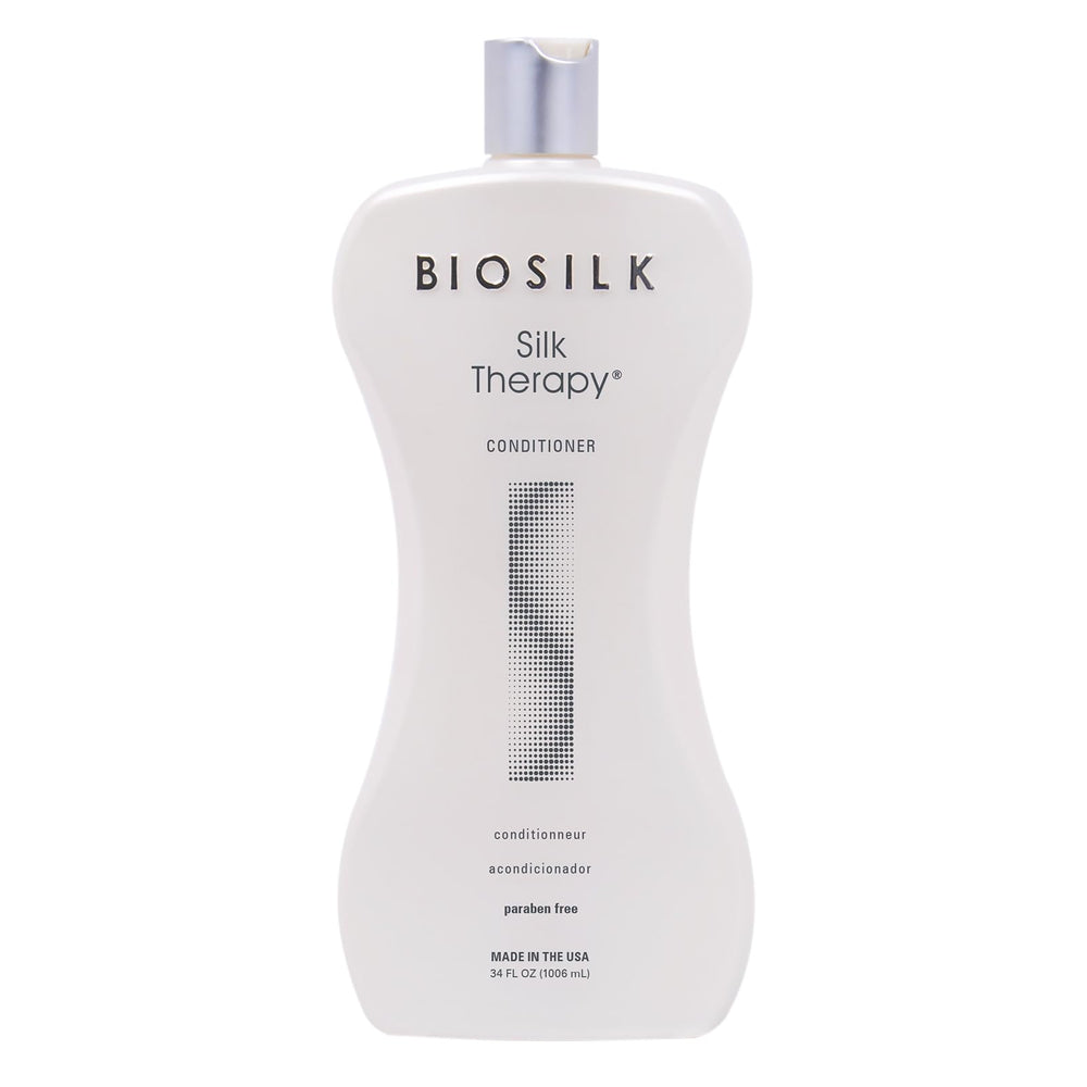BioSilk Silk Therapy Après-Shampooing – bouteille montrant brillance et hydratation durable.