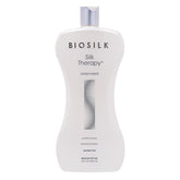 BioSilk Silk Therapy Après-Shampooing – bouteille montrant brillance et hydratation durable.