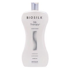 BioSilk Silk Therapy Après-Shampooing – bouteille montrant brillance et hydratation durable.