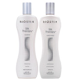 BioSilk Silk Therapy Duo champú en botella, limpieza suave y brillo visible.