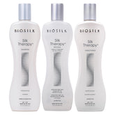Champú BioSilk con terapia de seda en botella, aporta brillo suave.