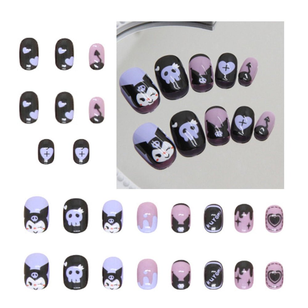 Black Rabbit: kit de 24 uñas postizas cortas en negro y púrpura para look rápido.