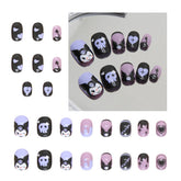 Black Rabbit: kit de 24 uñas postizas cortas en negro y púrpura para look rápido.