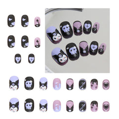Black Rabbit: kit de 24 uñas postizas cortas en negro y púrpura para look rápido.