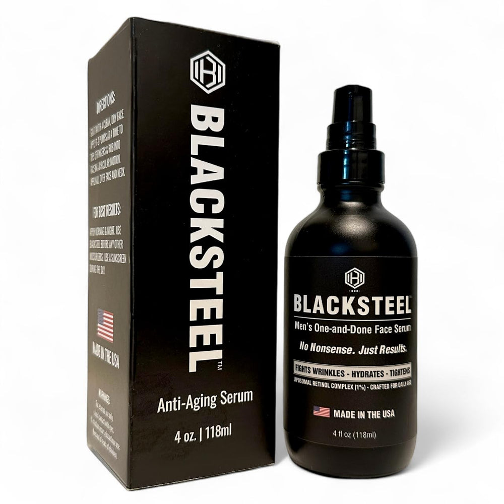 BLACKSTEEL Men's Anti-Aging Serum bottle, fast-absorbing daily hydration.