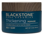 Blackstone thickening pomade bottle highlights flexible hold and matte finish.