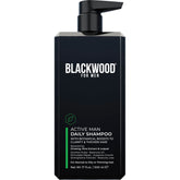 Blackwood For Men Active Man Daily Shampoo bottle highlights a sulfate-free, vegan formula for daily cleansing.