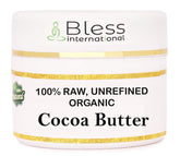 Bless International manteca de cacao cruda en envase, hidratación suave para la piel.
