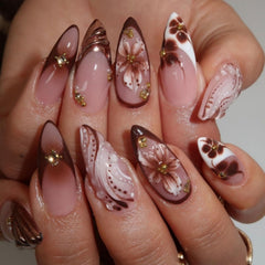 BLGTGH uñas francesas en almendra con flor 5D, acabado elegante para ocasiones