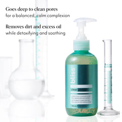 Bliss Clear Genius bottle back label reveals ingredients and vegan, cruelty-free claim.