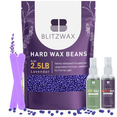 BLITZWAX granos de cera lavanda en envase, depilación suave en casa.