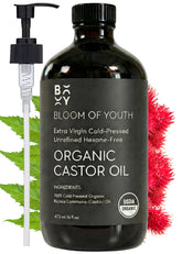 Bloom of Youth Aceite de Ricino Orgánico en botella de vidrio para hidratación de piel y cabello.