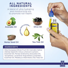 Blue Cross Nail & Cuticle Oil: etiqueta con aceites esenciales lemongrass y lavanda