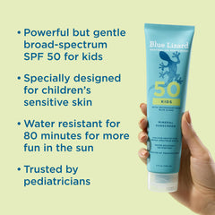 Blue Lizard Kids Mineral SPF 50, aplicación suave en piel seca de niños