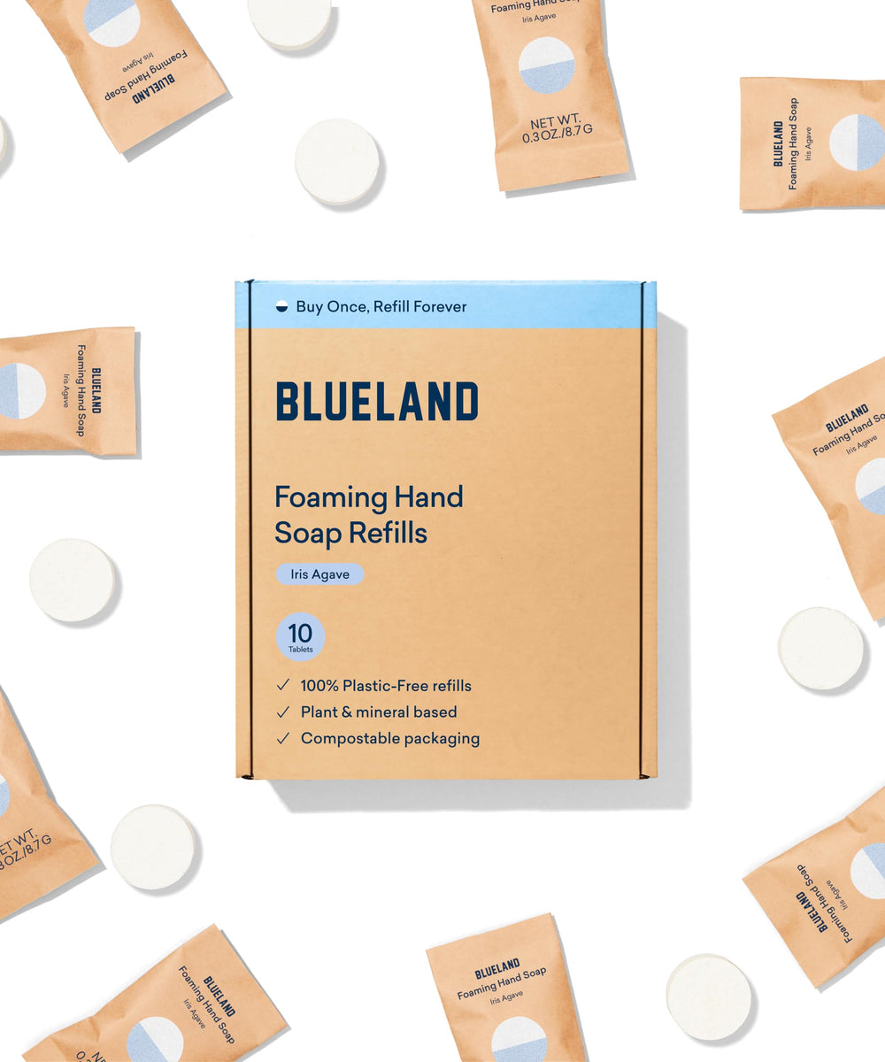 BLUELAND foaming hand soap refill tablet dissolving in water to create foam