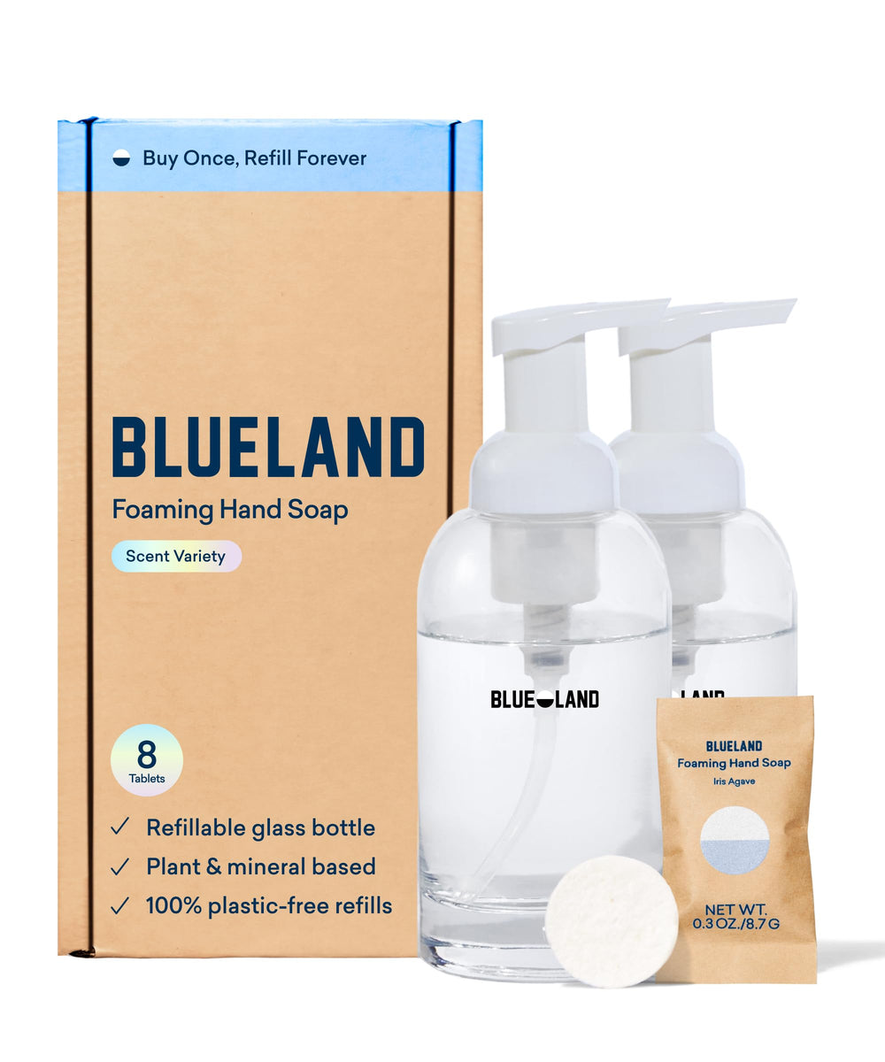 BLUELAND jabón manos duo con dispensadores de vidrio para un lavado sostenible.
