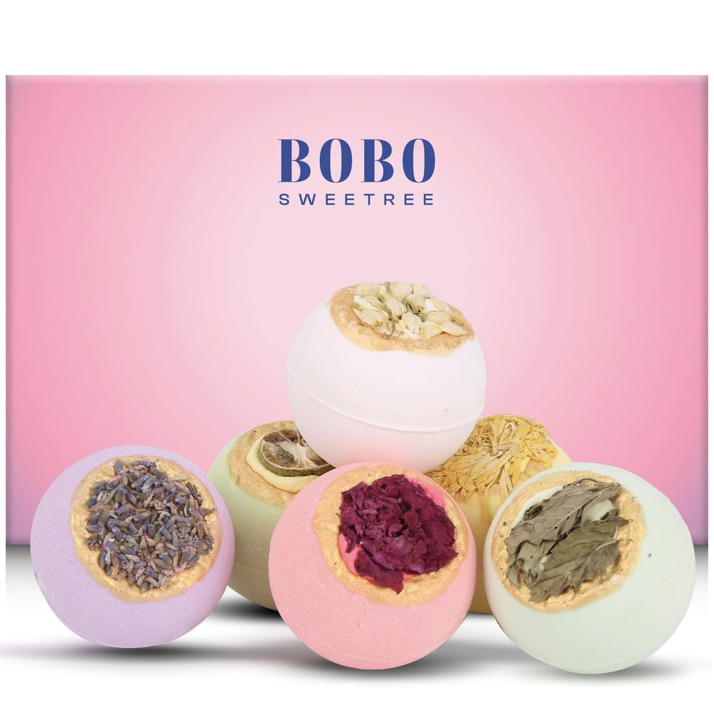 Bombes de bain BoboSweeTree avec fleurs réelles pour une détente luxueuse à domicile.