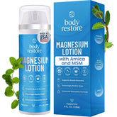 Body Restore locion magnesio con arnica MSM en botella mentolada para uso diario relajante.